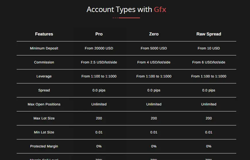 أنواع حسابات التداول المتوفرة في شركة GFX Securities