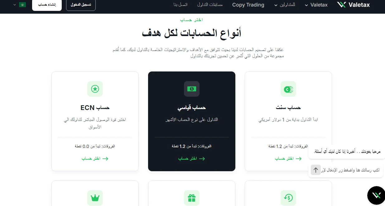 حسابات التداول في شركة Valetax